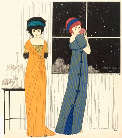 「Les Robes de Paul Poiret」1908（ステンシルプリント）の2つのエンパイアラインイブニングドレス 作： Paul Iribe